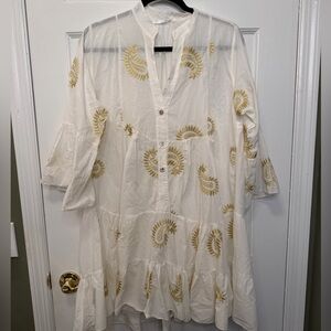 White Boho Paisley‎ Embroidered Tiered Dress Gold Detail Beachy One Size